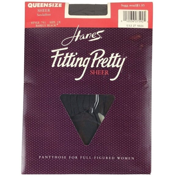 Hanes Fitting Pretty Sheer Queen Size 1X Barely Black Sandalfoot Nylon Vtg 90s - Picture 1 of 3